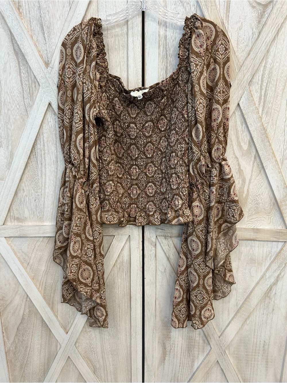 Boho Smocked Peasant Blouse in Brown Paisley